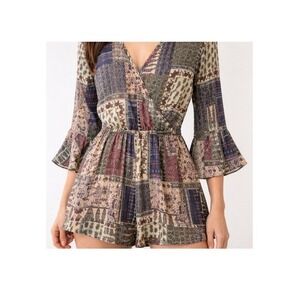 Anthropologie brand Hiche Maeve Patchwork Lined Romper Boho Size XS